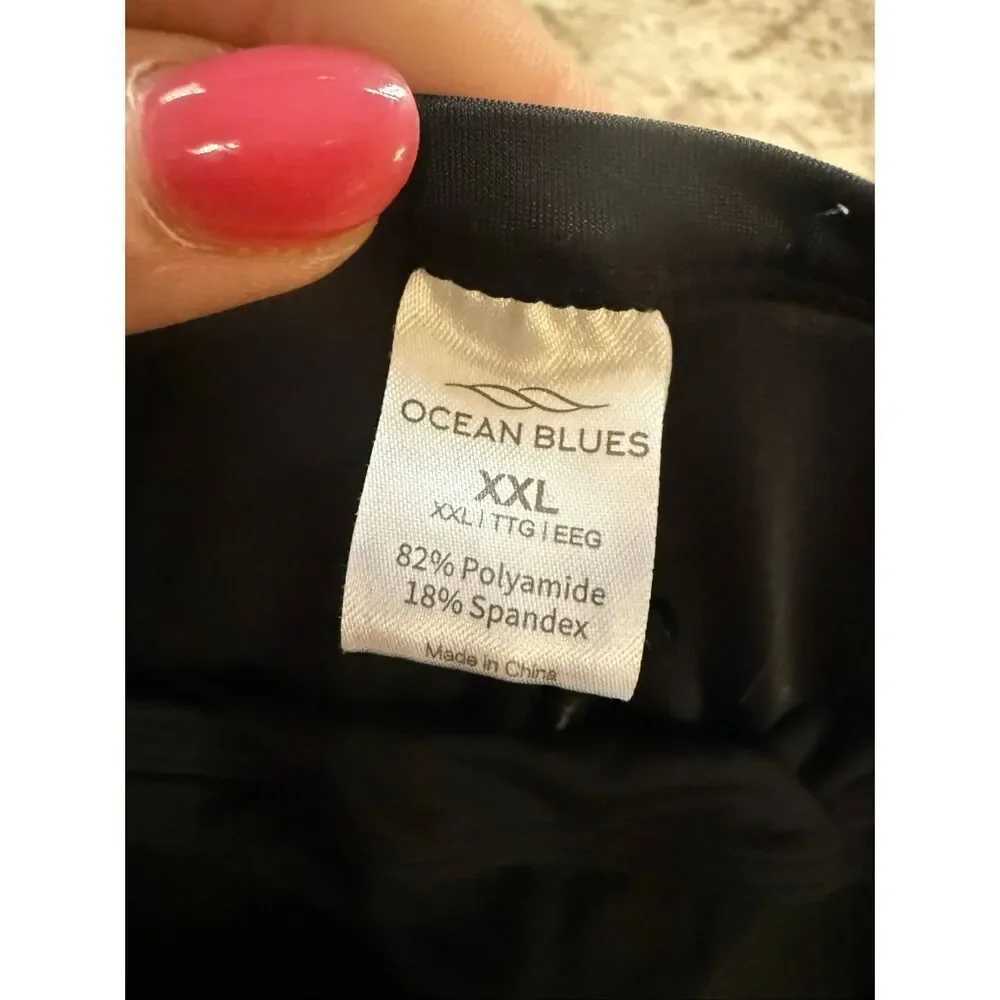 Ocean Blues Women's Ruched Tummy Control Bandeau Tankini Swim Top Black Size XXL